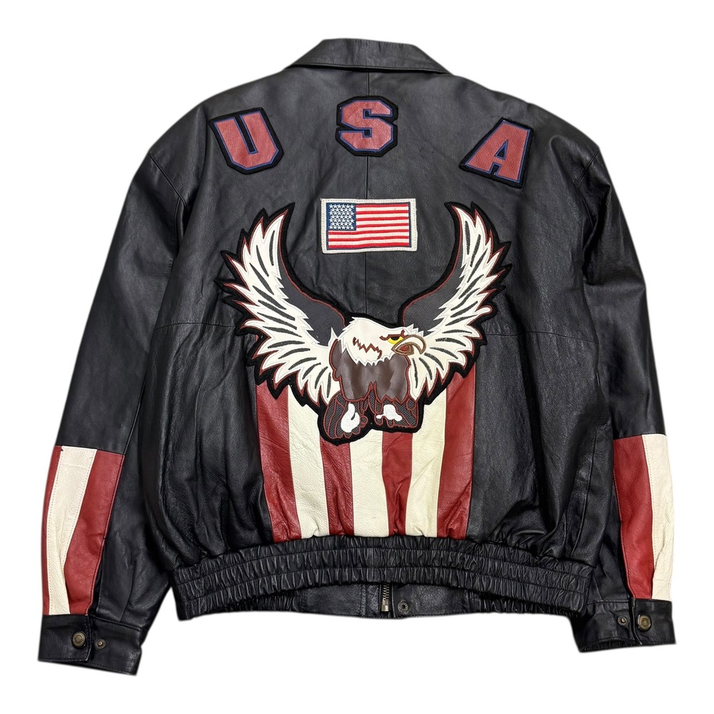 Vintage 90s Intro USA Bald Eagle American Flag‎ Leather Jacket Men's Large